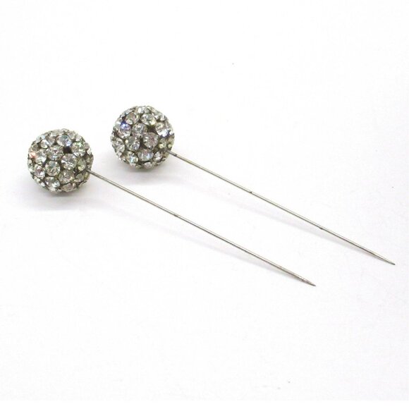 Vintage Rhinestone Cluster Ball Hat Pins Corsage Pins Silver-Tone Metal Set Of 2 - Picture 7 of 10